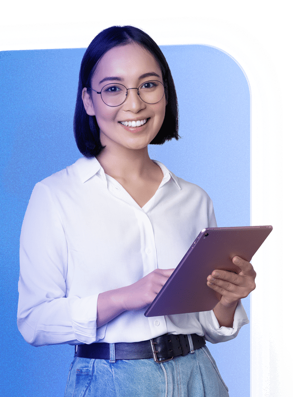 image-of-young-asian-woman-company-worker-in-glasses-smiling-and-holding-digital-tablet-standing-over-white-background