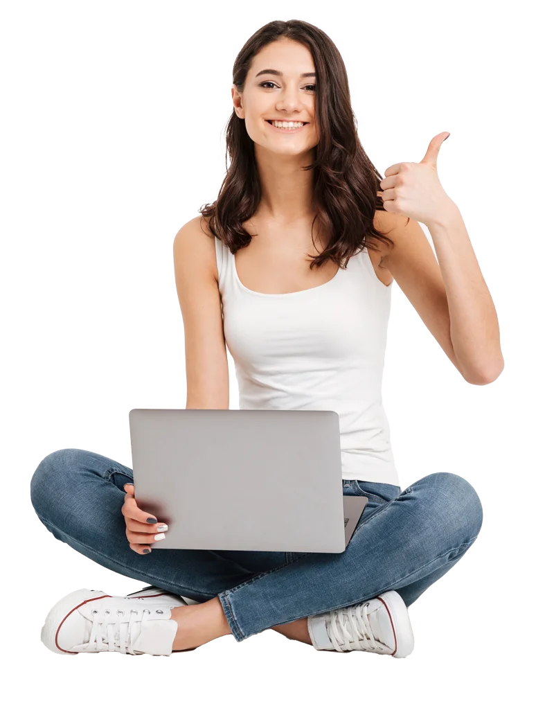 portrait-of-happy-woman-dressed-in-tank-top-holding-laptop